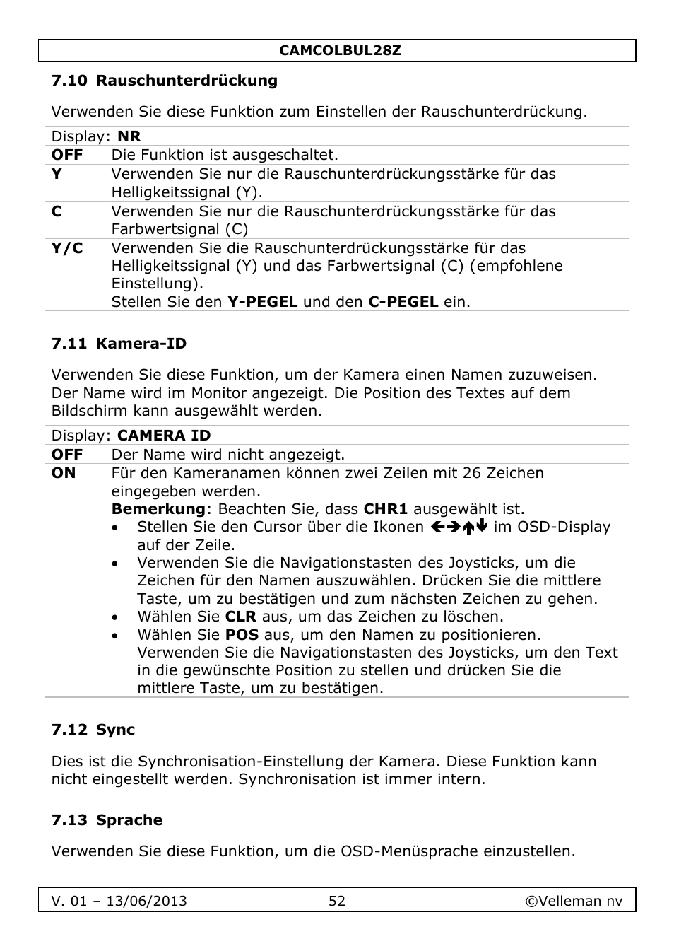 10 rauschunterdrückung, 11 kamera-id, 12 sync | 13 sprache | Velleman CAMCOLBUL28Z User Manual | Page 52 / 56