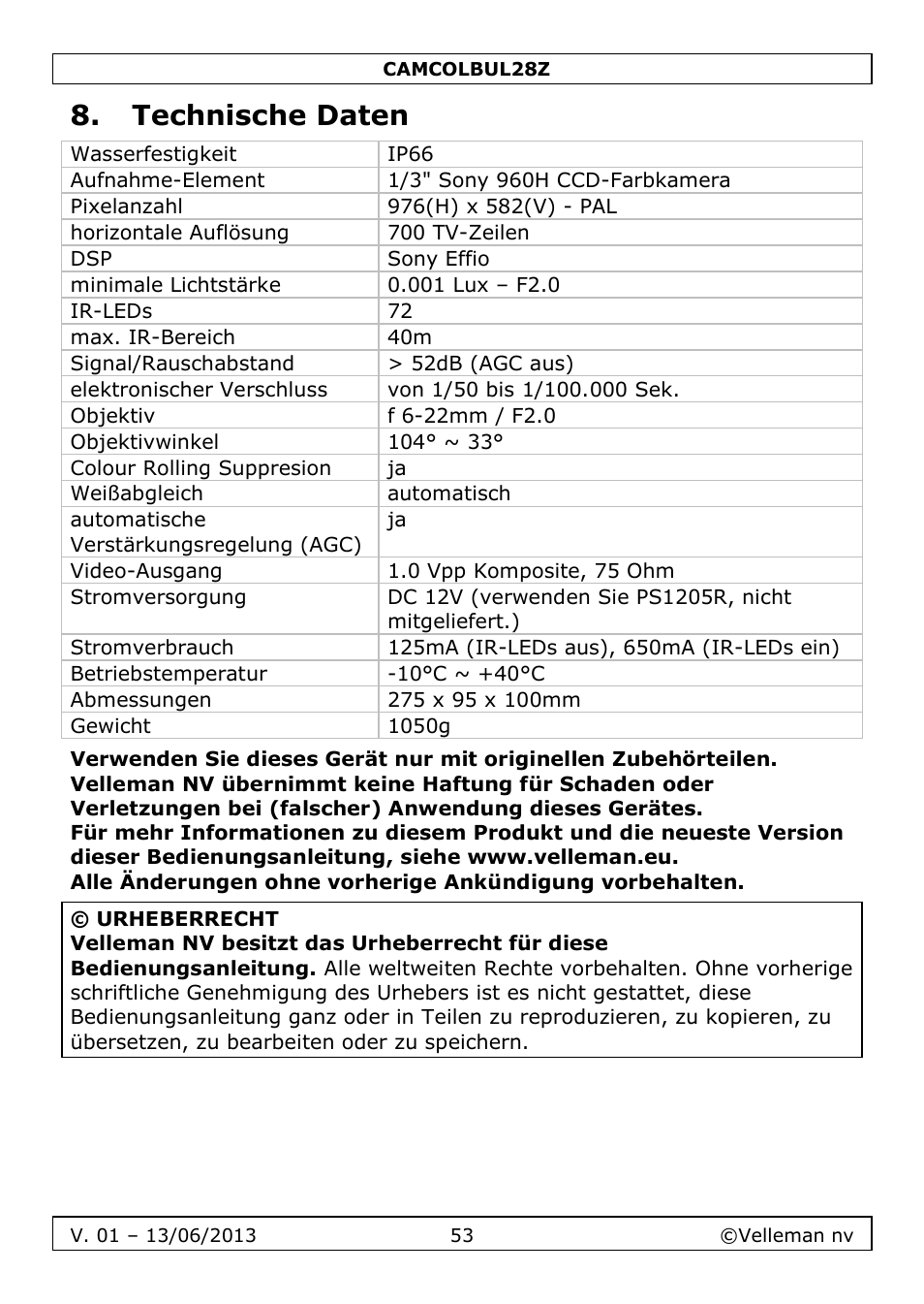 Technische daten | Velleman CAMCOLBUL28Z User Manual | Page 53 / 56