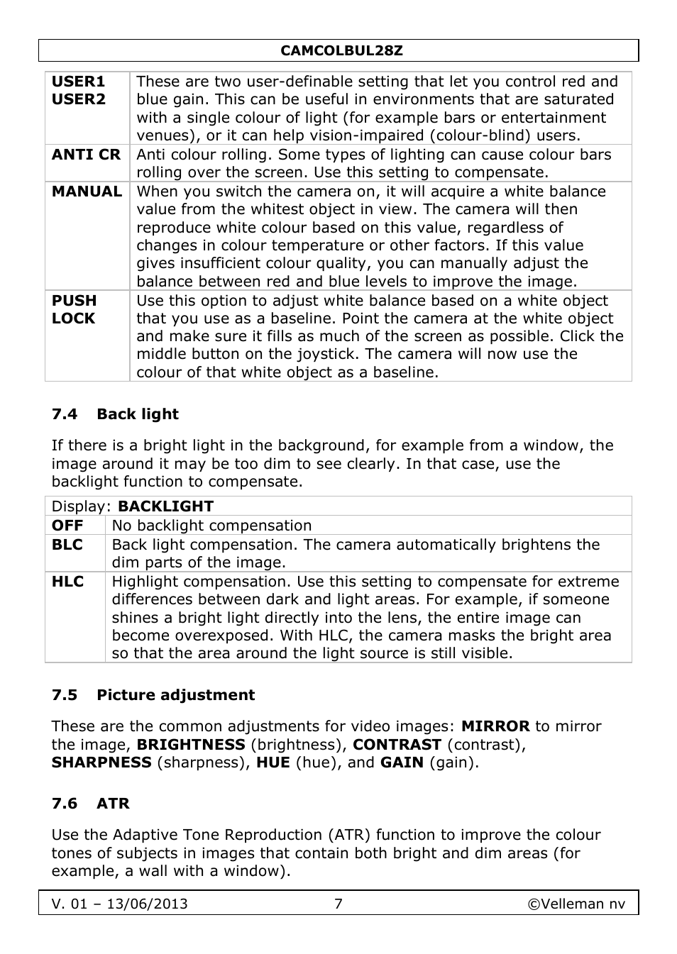 4 back light, 5 picture adjustment, 6 atr | Velleman CAMCOLBUL28Z User Manual | Page 7 / 56