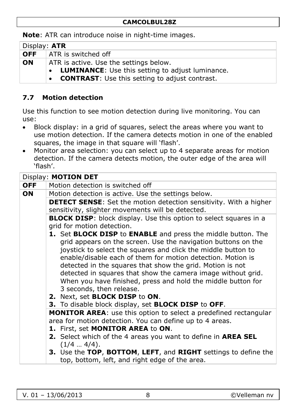 7 motion detection | Velleman CAMCOLBUL28Z User Manual | Page 8 / 56