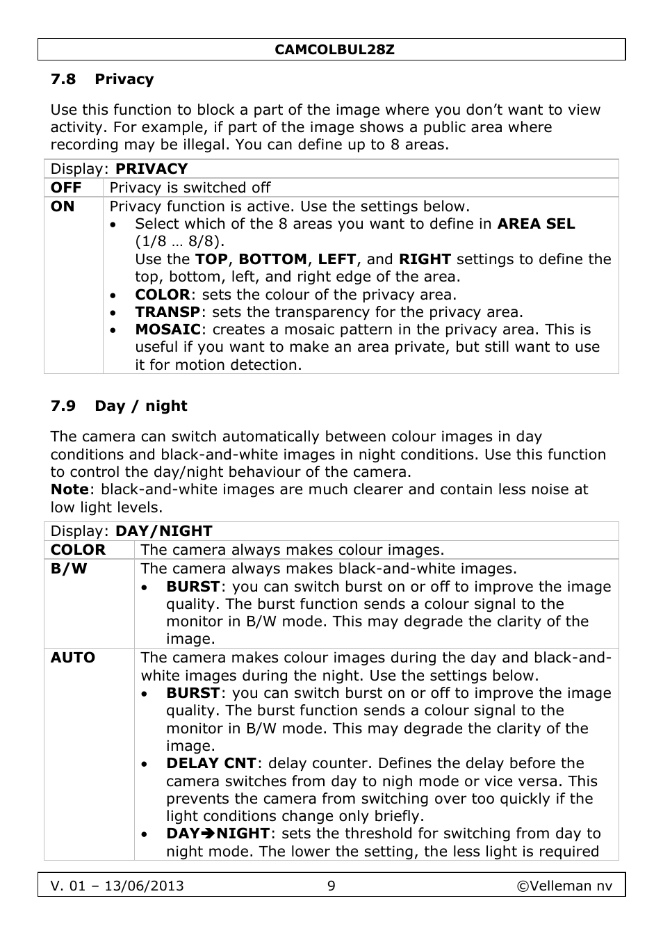 8 privacy, 9 day / night | Velleman CAMCOLBUL28Z User Manual | Page 9 / 56