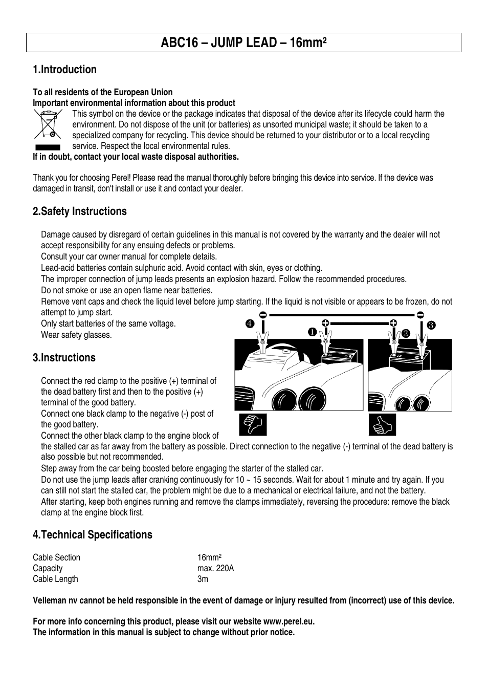 Abc16 – jump lead – 16mm, Introduction, Safety instructions | Instructions, Technical specifications | Velleman ABC16 User Manual | Page 2 / 8