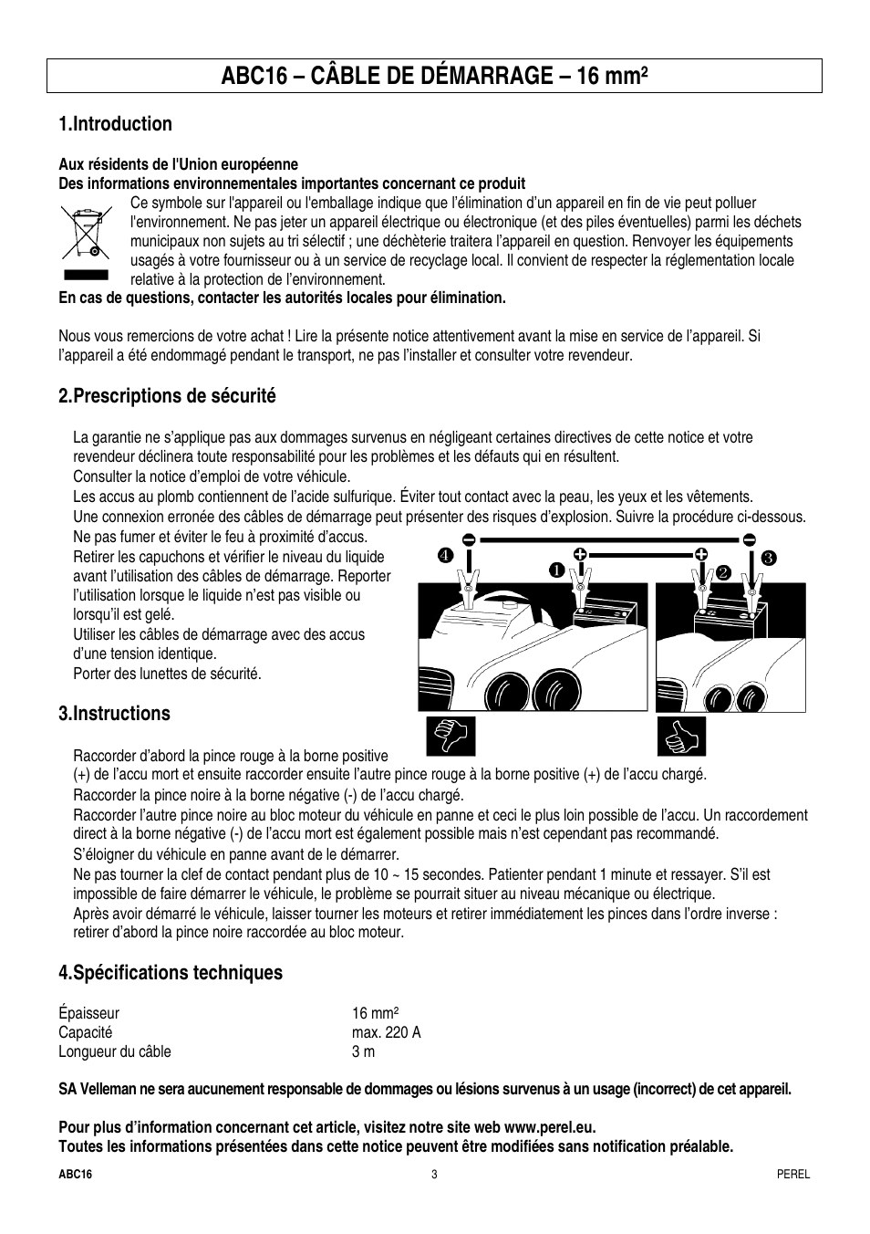 Abc16 – câble de démarrage – 16 mm, Introduction, Prescriptions de sécurité | Instructions, Spécifications techniques | Velleman ABC16 User Manual | Page 3 / 8