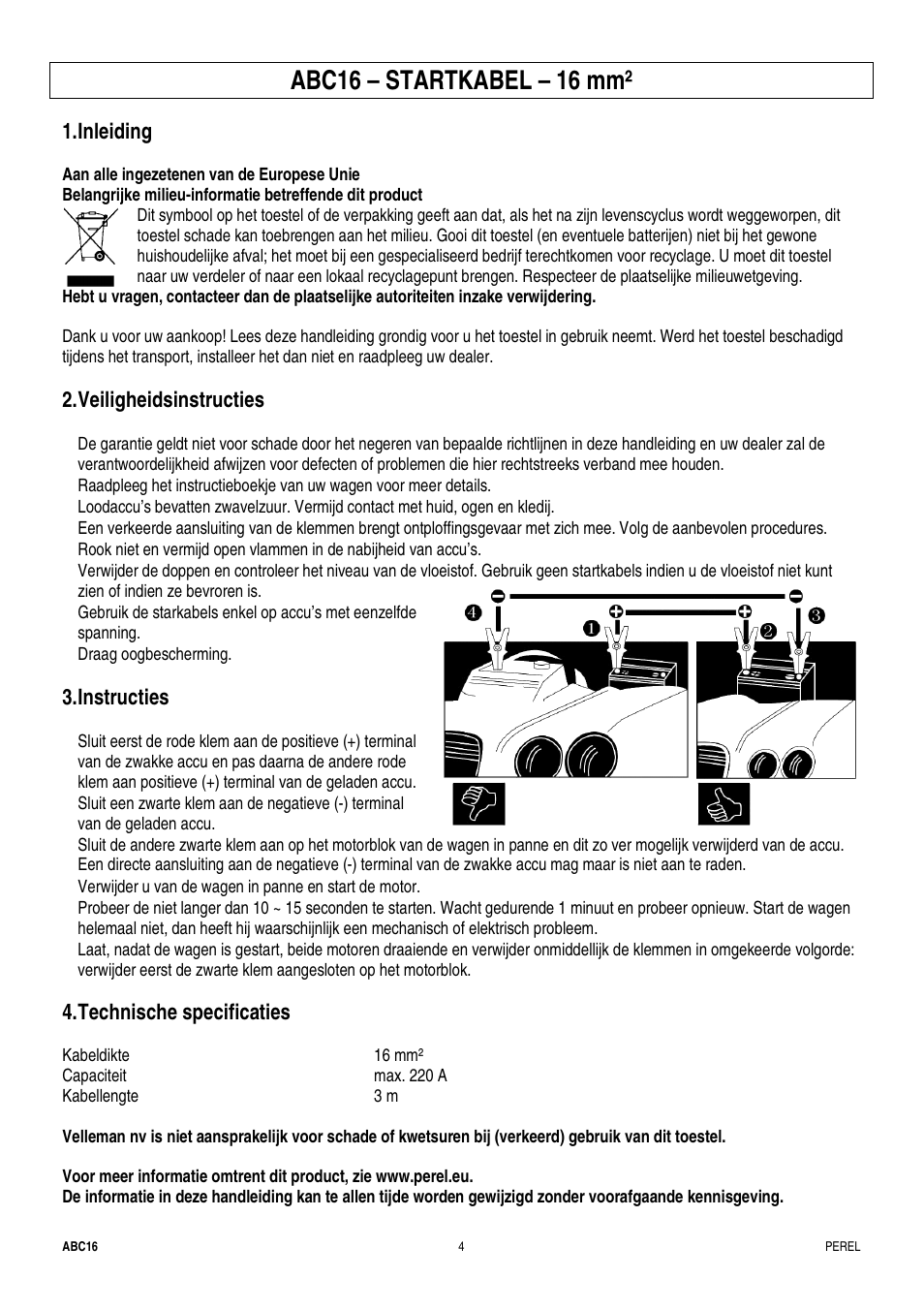 Abc16 – startkabel – 16 mm, Inleiding, Veiligheidsinstructies | Instructies, Technische specificaties | Velleman ABC16 User Manual | Page 4 / 8