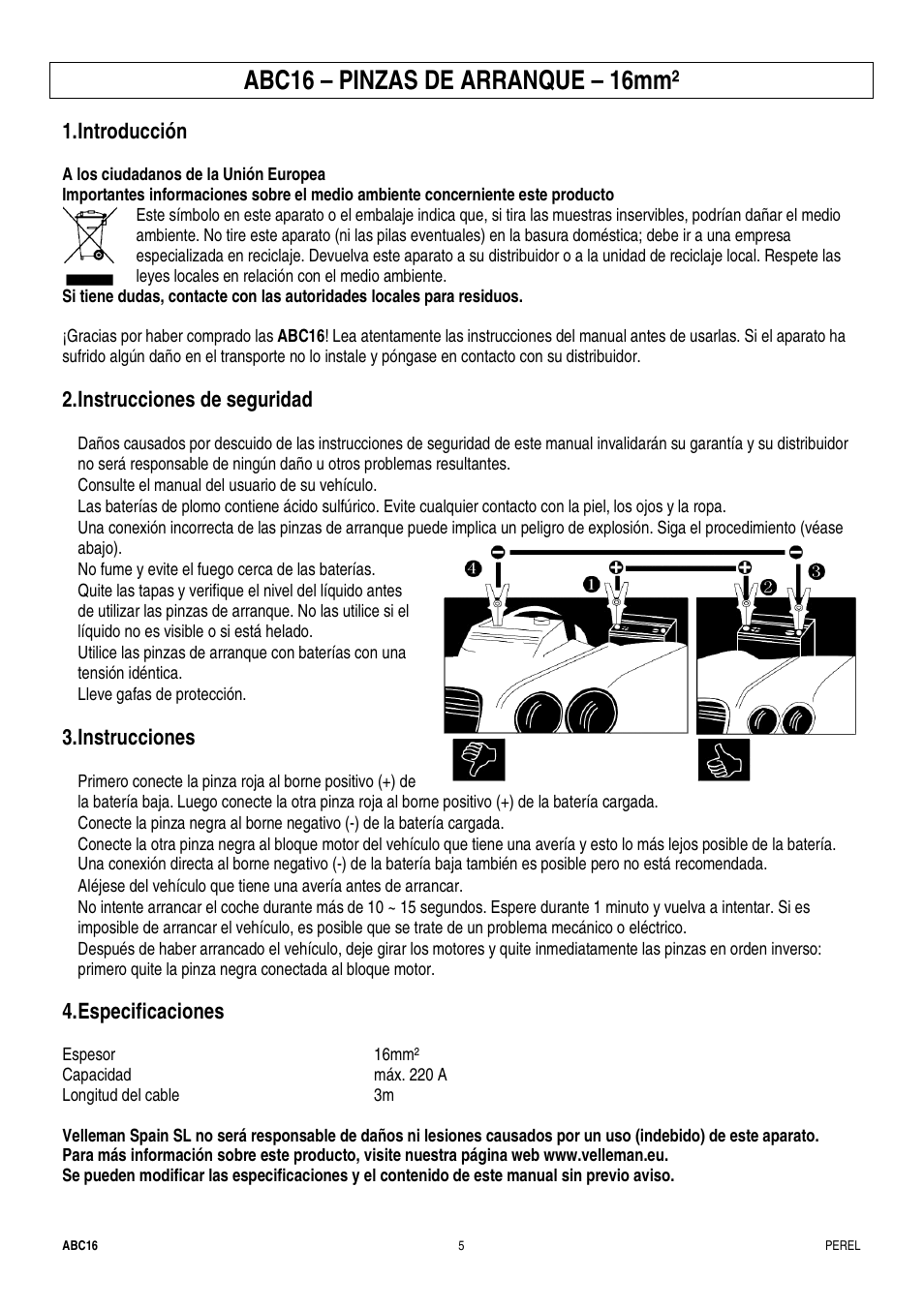 Abc16 – pinzas de arranque – 16mm, Introducción, Instrucciones de seguridad | Instrucciones, Especificaciones | Velleman ABC16 User Manual | Page 5 / 8