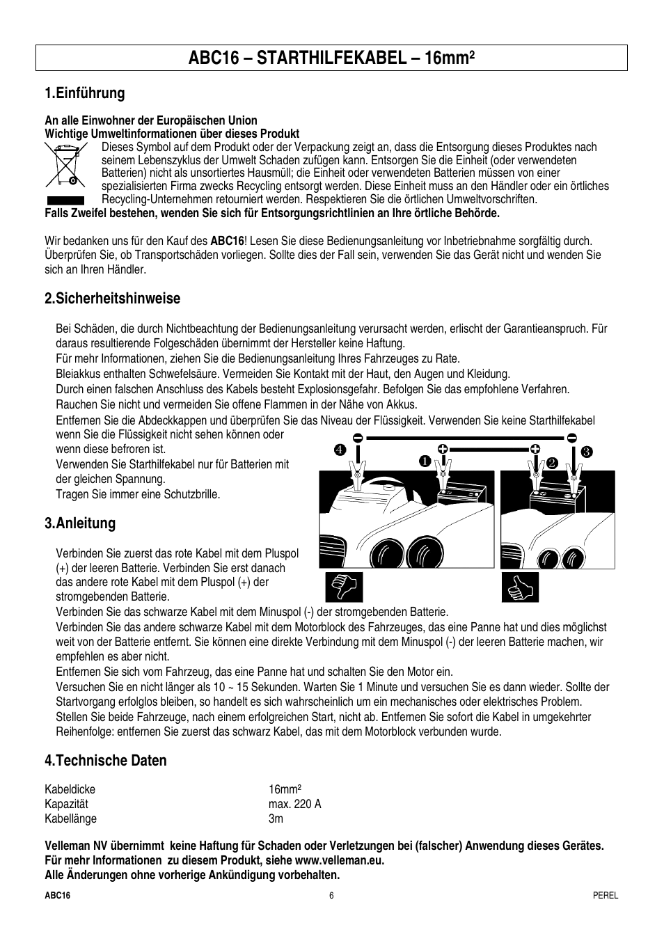 Abc16 – starthilfekabel – 16mm, Einführung, Sicherheitshinweise | Anleitung, Technische daten | Velleman ABC16 User Manual | Page 6 / 8