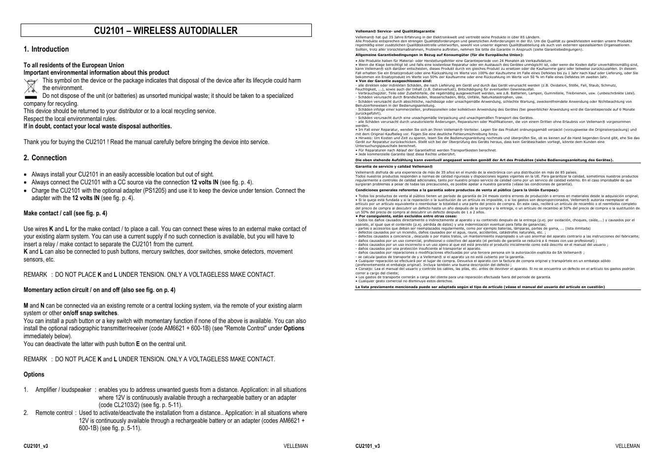 Cu2101 – wireless autodialler, Introduction, Connection | Velleman CU2101 User Manual | Page 2 / 22