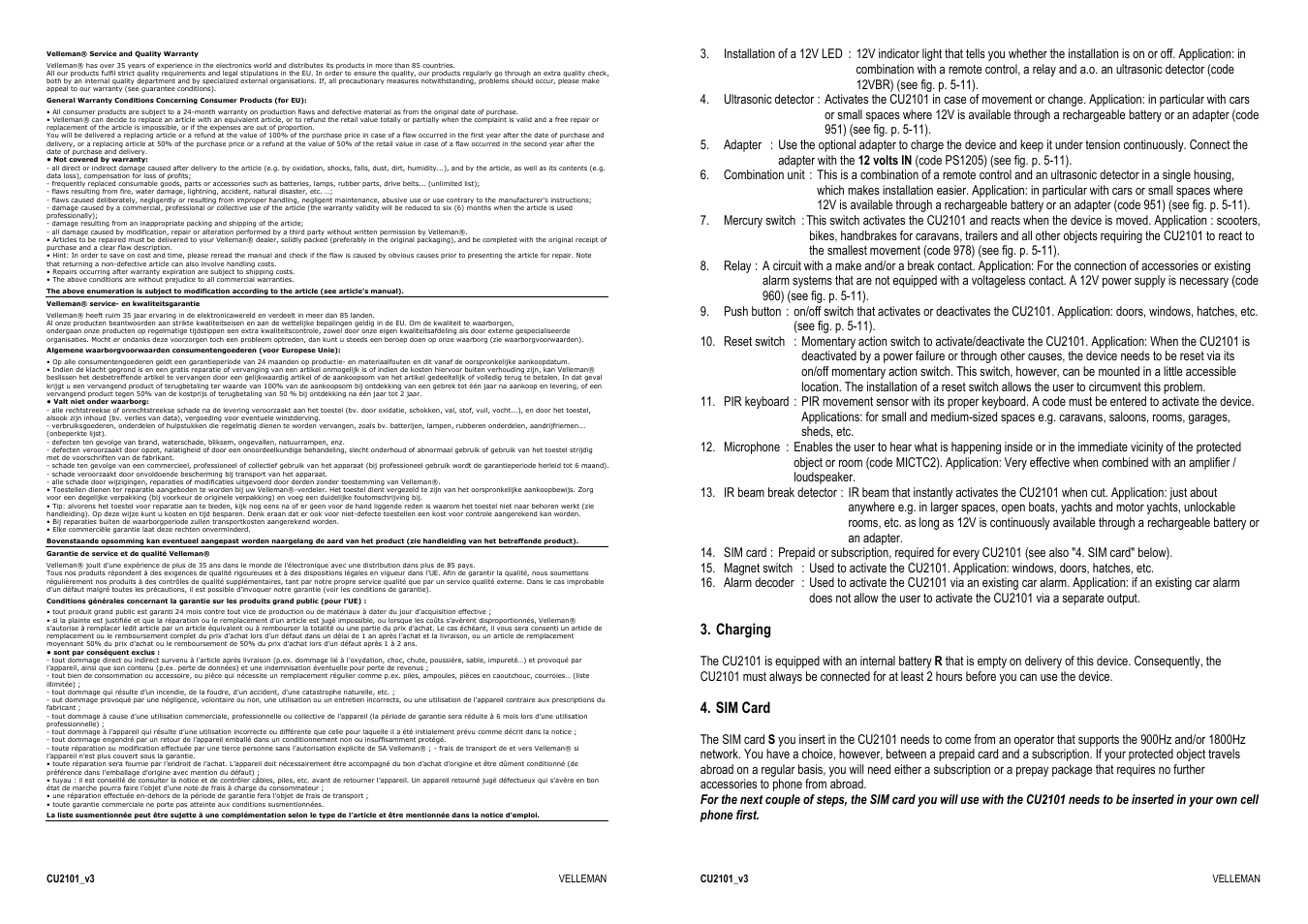 Charging, Sim card | Velleman CU2101 User Manual | Page 3 / 22