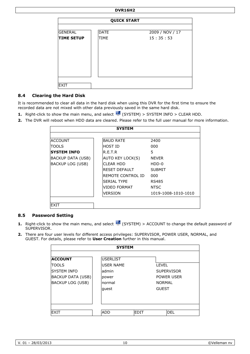 4 clearing the hard disk, 5 password setting | Velleman DVR16H2 User Manual | Page 10 / 128