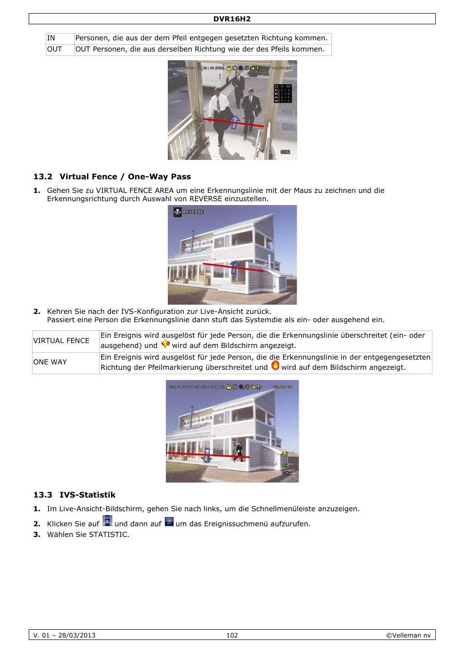 2 virtual fence / one-way pass, 3 ivs-statistik | Velleman DVR16H2 User Manual | Page 102 / 128