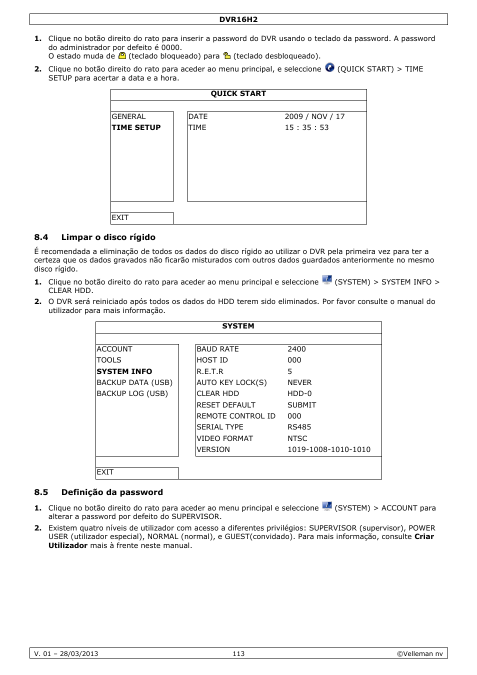 4 limpar o disco rígido, 5 definição da password | Velleman DVR16H2 User Manual | Page 113 / 128