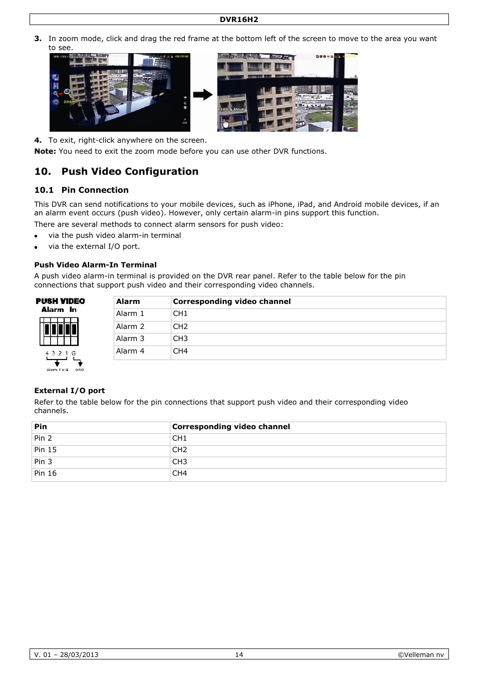 Push video configuration, 1 pin connection, Push video alarm-in terminal | External i/o port | Velleman DVR16H2 User Manual | Page 14 / 128