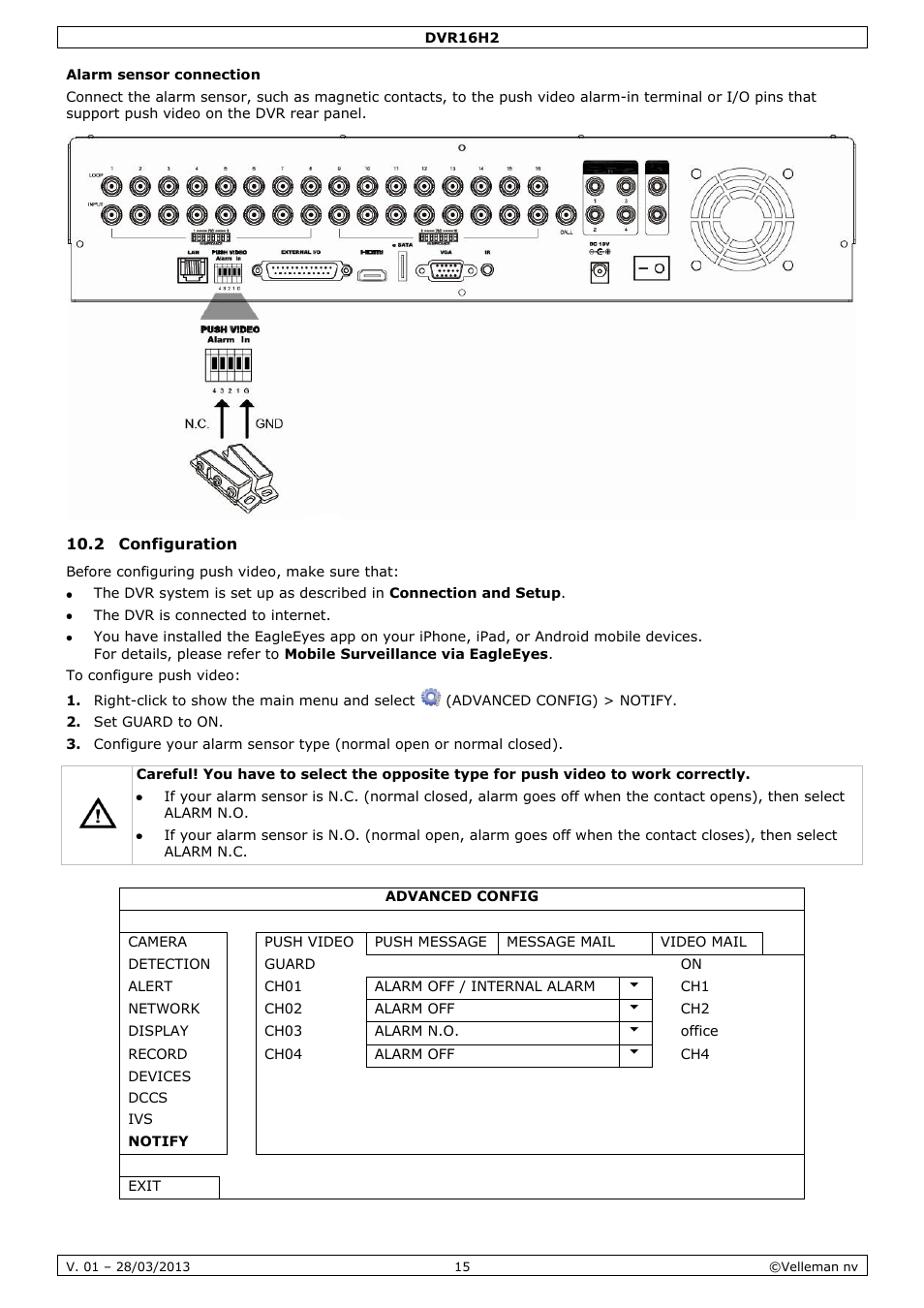 Alarm sensor connection, 2 configuration | Velleman DVR16H2 User Manual | Page 15 / 128