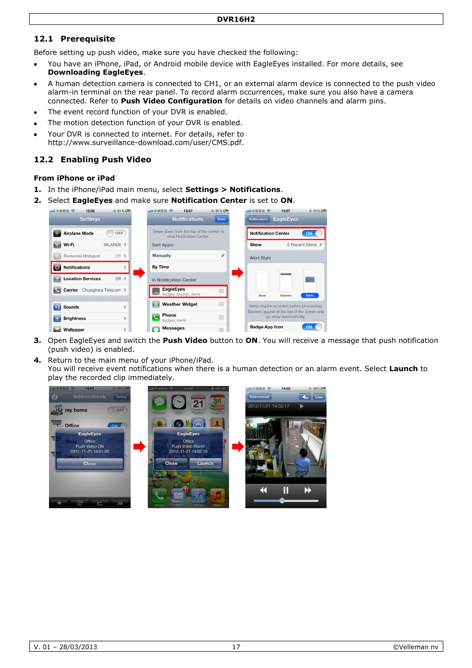1 prerequisite, 2 enabling push video, From iphone or ipad | Velleman DVR16H2 User Manual | Page 17 / 128