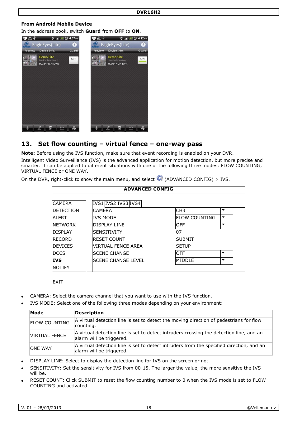 From android mobile device, Set flow counting – virtual fence – one-way pass | Velleman DVR16H2 User Manual | Page 18 / 128