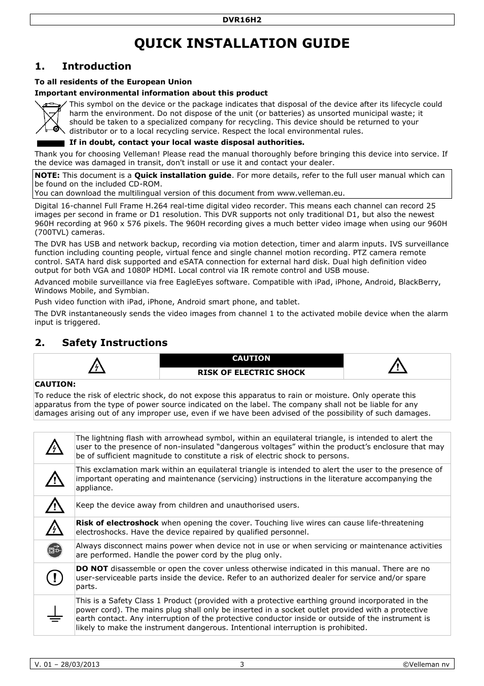 Quick installation guide, Introduction, Safety instructions | Velleman DVR16H2 User Manual | Page 3 / 128