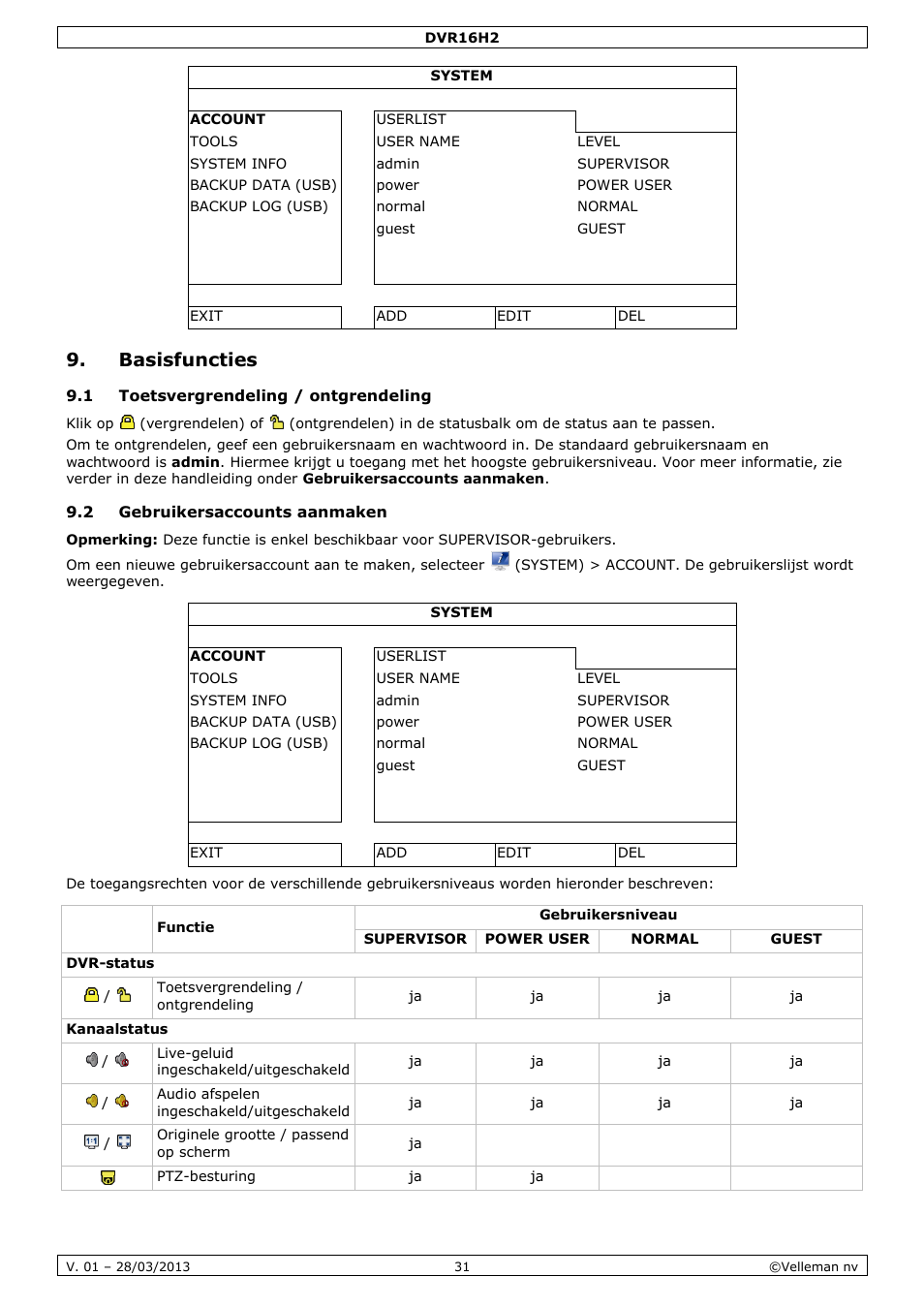Basisfuncties, 1 toetsvergrendeling / ontgrendeling, 2 gebruikersaccounts aanmaken | Velleman DVR16H2 User Manual | Page 31 / 128