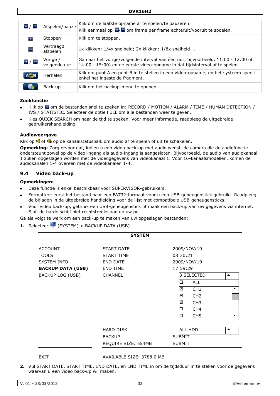 Zoekfunctie, Audioweergave, 4 video back-up | Velleman DVR16H2 User Manual | Page 33 / 128