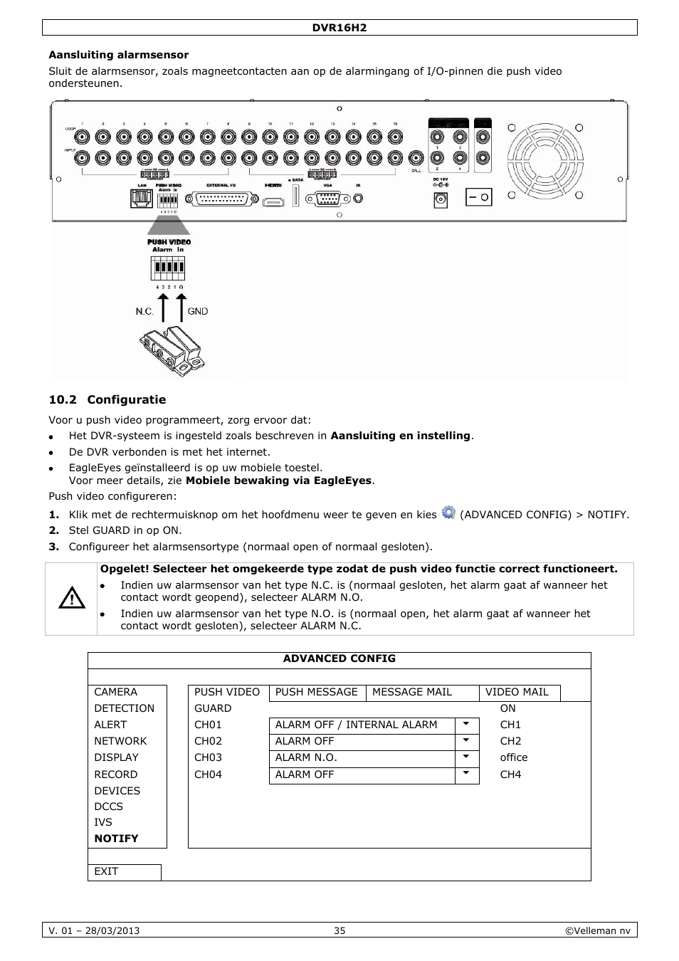 Aansluiting alarmsensor, 2 configuratie | Velleman DVR16H2 User Manual | Page 35 / 128