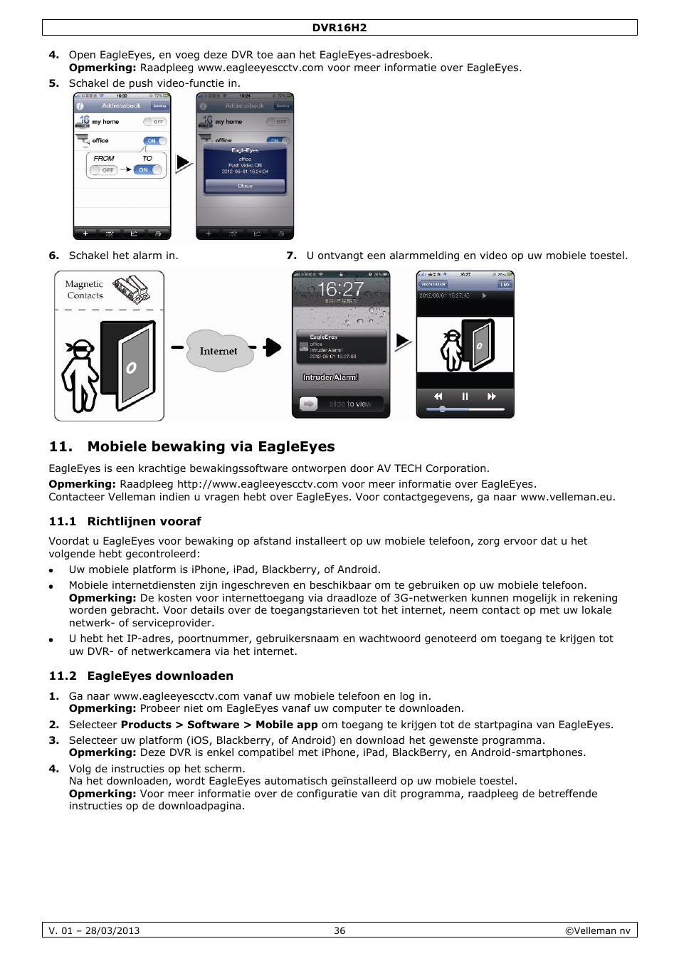 Mobiele bewaking via eagleeyes, 1 richtlijnen vooraf, 2 eagleeyes downloaden | Velleman DVR16H2 User Manual | Page 36 / 128