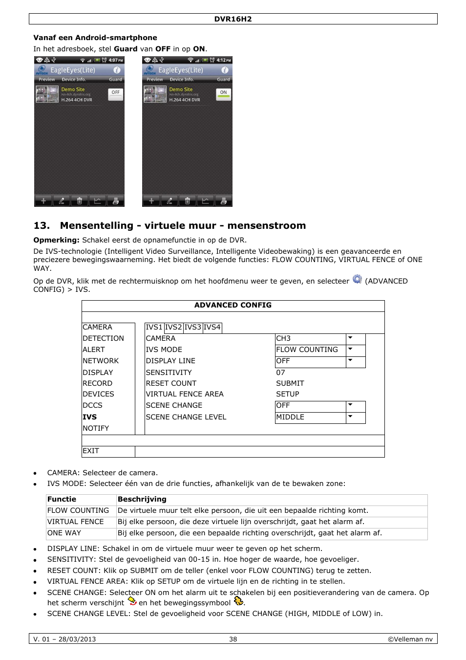 Vanaf een android-smartphone, Mensentelling - virtuele muur - mensenstroom | Velleman DVR16H2 User Manual | Page 38 / 128