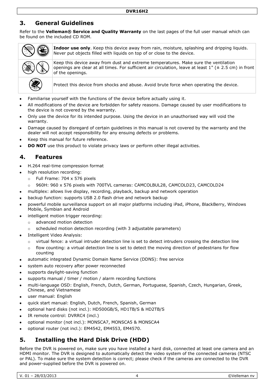General guidelines, Features, Installing the hard disk drive (hdd) | Velleman DVR16H2 User Manual | Page 4 / 128