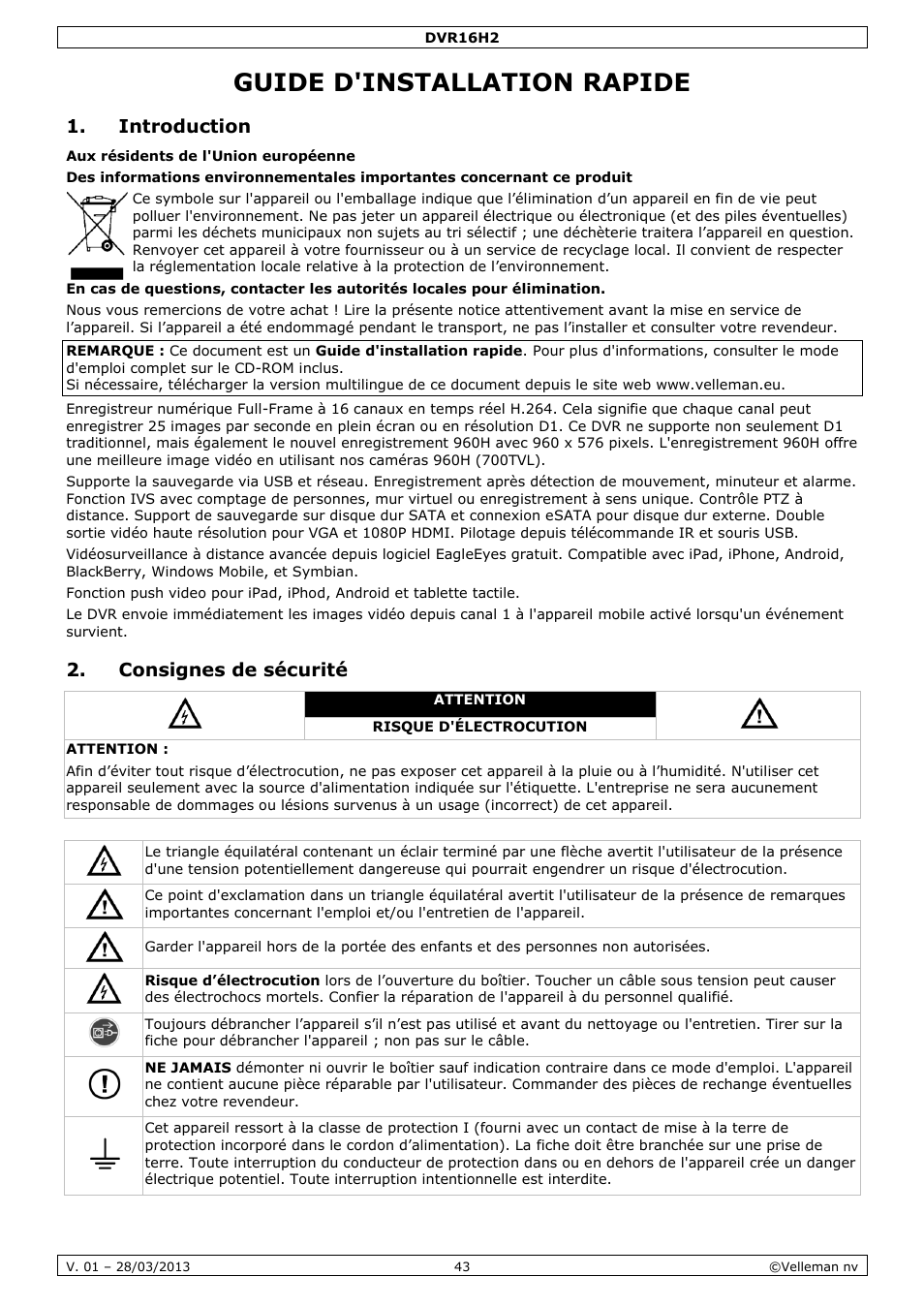 Guide d'installation rapide, Introduction, Consignes de sécurité | Velleman DVR16H2 User Manual | Page 43 / 128