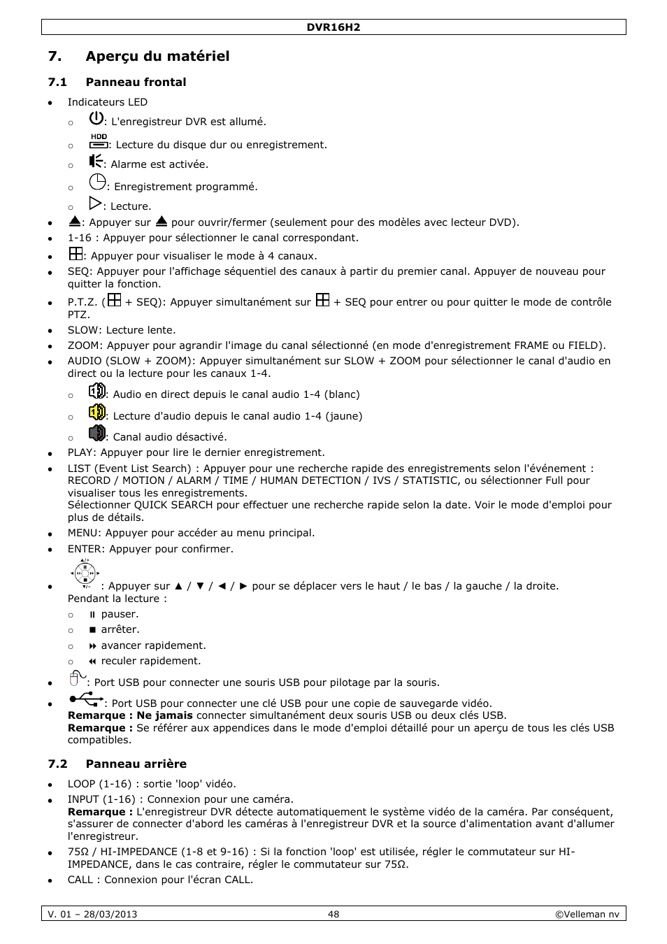 Aperçu du matériel, 1 panneau frontal, 2 panneau arrière | Velleman DVR16H2 User Manual | Page 48 / 128