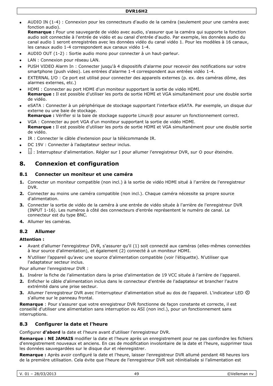 Connexion et configuration, 1 connecter un moniteur et une caméra, 2 allumer | 3 configurer la date et l'heure | Velleman DVR16H2 User Manual | Page 49 / 128