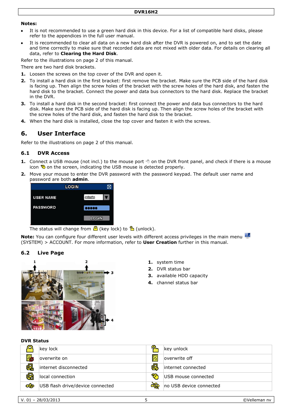 User interface, 1 dvr access, Dvr status | Velleman DVR16H2 User Manual | Page 5 / 128