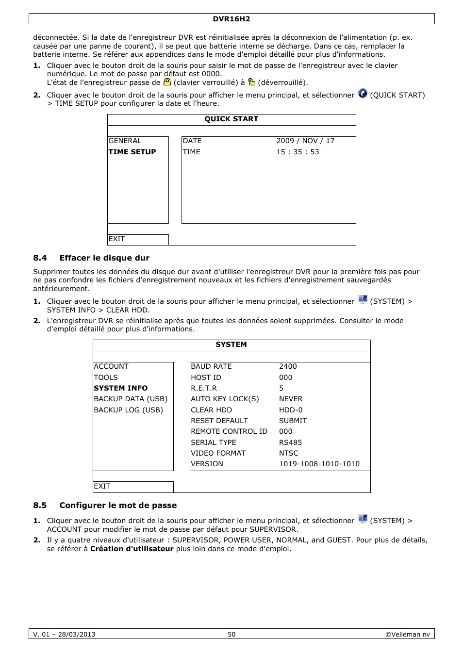 4 effacer le disque dur, 5 configurer le mot de passe | Velleman DVR16H2 User Manual | Page 50 / 128