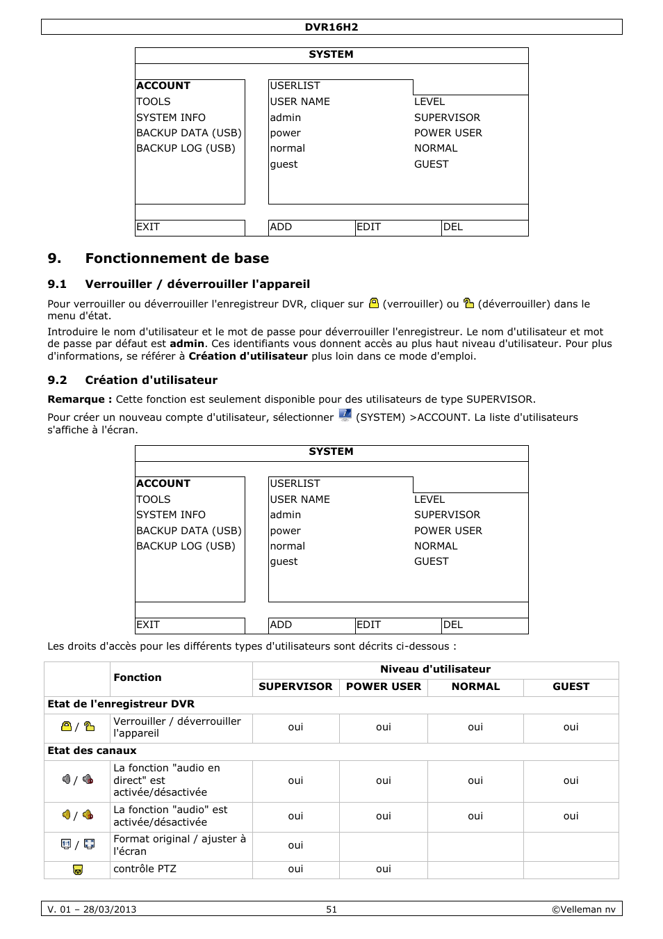 Fonctionnement de base, 1 verrouiller / déverrouiller l'appareil, 2 création d'utilisateur | Velleman DVR16H2 User Manual | Page 51 / 128