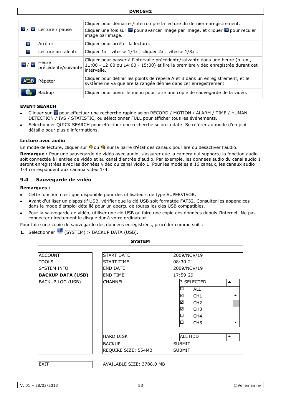 Event search, Lecture avec audio, 4 sauvegarde de vidéo | Velleman DVR16H2 User Manual | Page 53 / 128