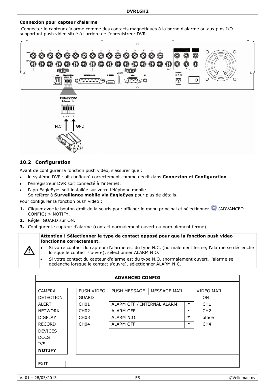 Connexion pour capteur d'alarme, 2 configuration | Velleman DVR16H2 User Manual | Page 55 / 128