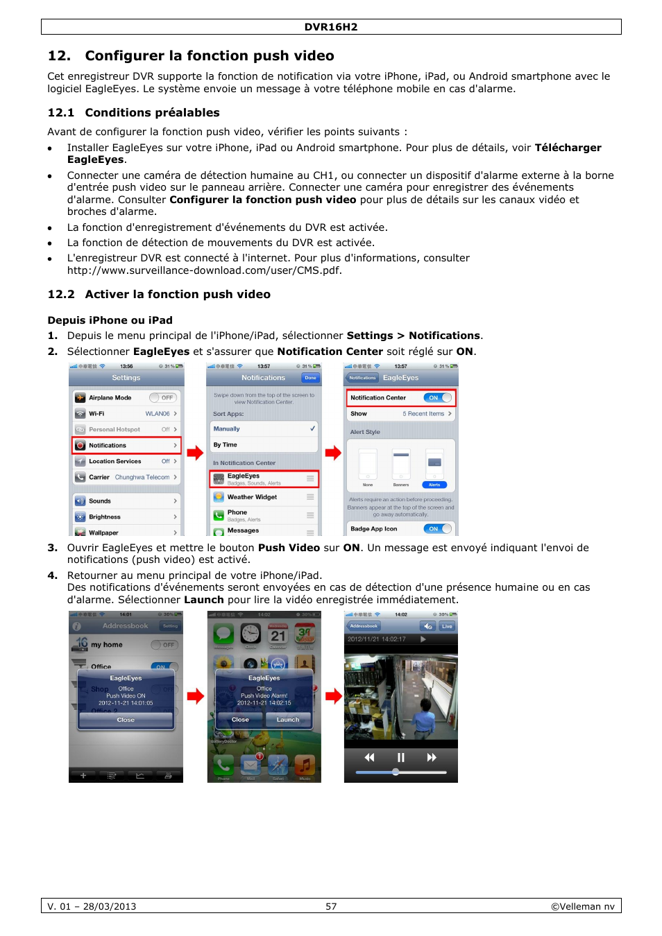 Configurer la fonction push video, 1 conditions préalables, 2 activer la fonction push video | Depuis iphone ou ipad | Velleman DVR16H2 User Manual | Page 57 / 128