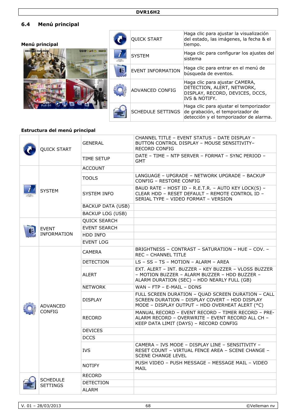 4 menú principal, Estructura del menú principal | Velleman DVR16H2 User Manual | Page 68 / 128