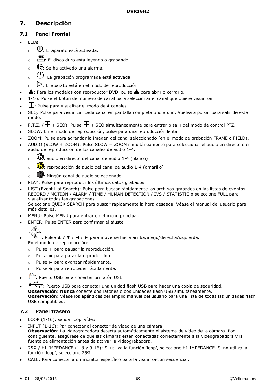 Descripción, 1 panel frontal, 2 panel trasero | Velleman DVR16H2 User Manual | Page 69 / 128