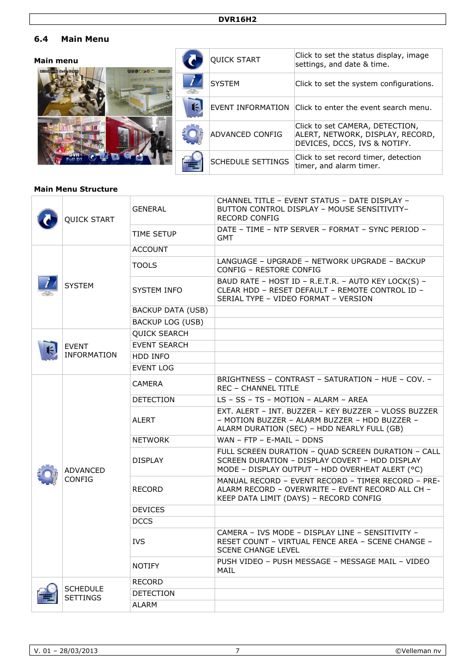 4 main menu, Main menu structure | Velleman DVR16H2 User Manual | Page 7 / 128