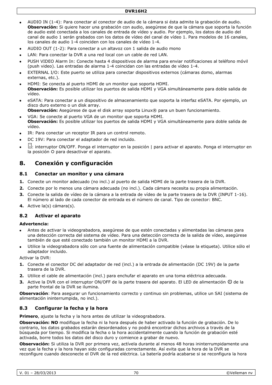 Conexión y configuración, 1 conectar un monitor y una cámara, 2 activar el aparato | 3 configurar la fecha y la hora | Velleman DVR16H2 User Manual | Page 70 / 128