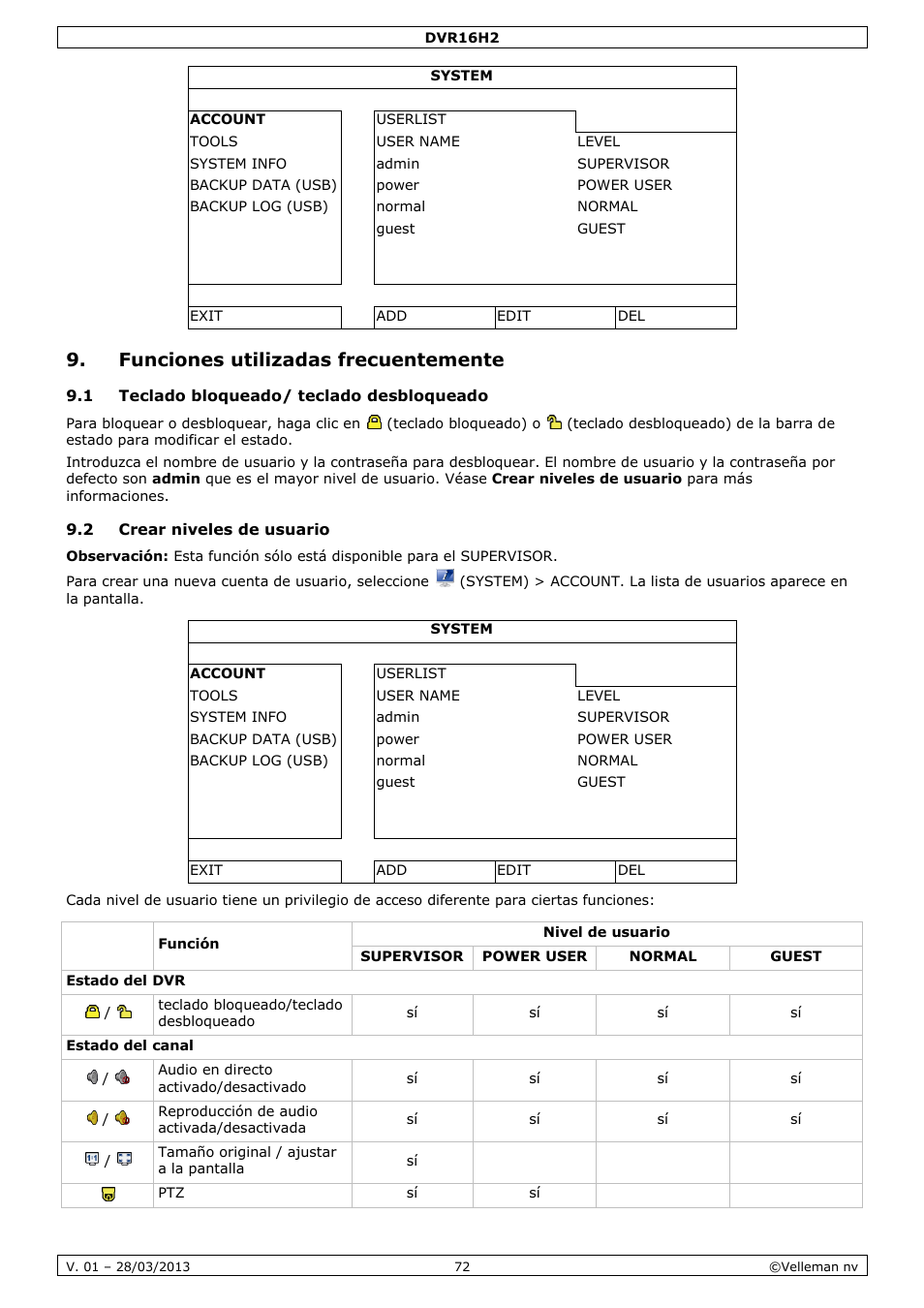 Funciones utilizadas frecuentemente, 1 teclado bloqueado/ teclado desbloqueado, 2 crear niveles de usuario | Velleman DVR16H2 User Manual | Page 72 / 128