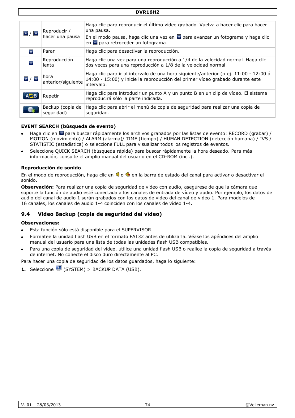 Event search (búsqueda de evento), Reproducción de sonido, 4 video backup (copia de seguridad del vídeo) | Velleman DVR16H2 User Manual | Page 74 / 128