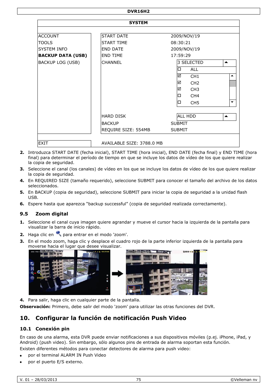 5 zoom digital, Configurar la función de notificación push video, 1 conexión pin | Velleman DVR16H2 User Manual | Page 75 / 128