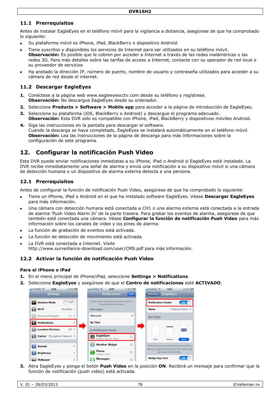 1 prerrequisitos, 2 descargar eagleeyes, Configurar la notificación push video | 2 activar la función de notificación push video, Para el iphone o ipad | Velleman DVR16H2 User Manual | Page 78 / 128