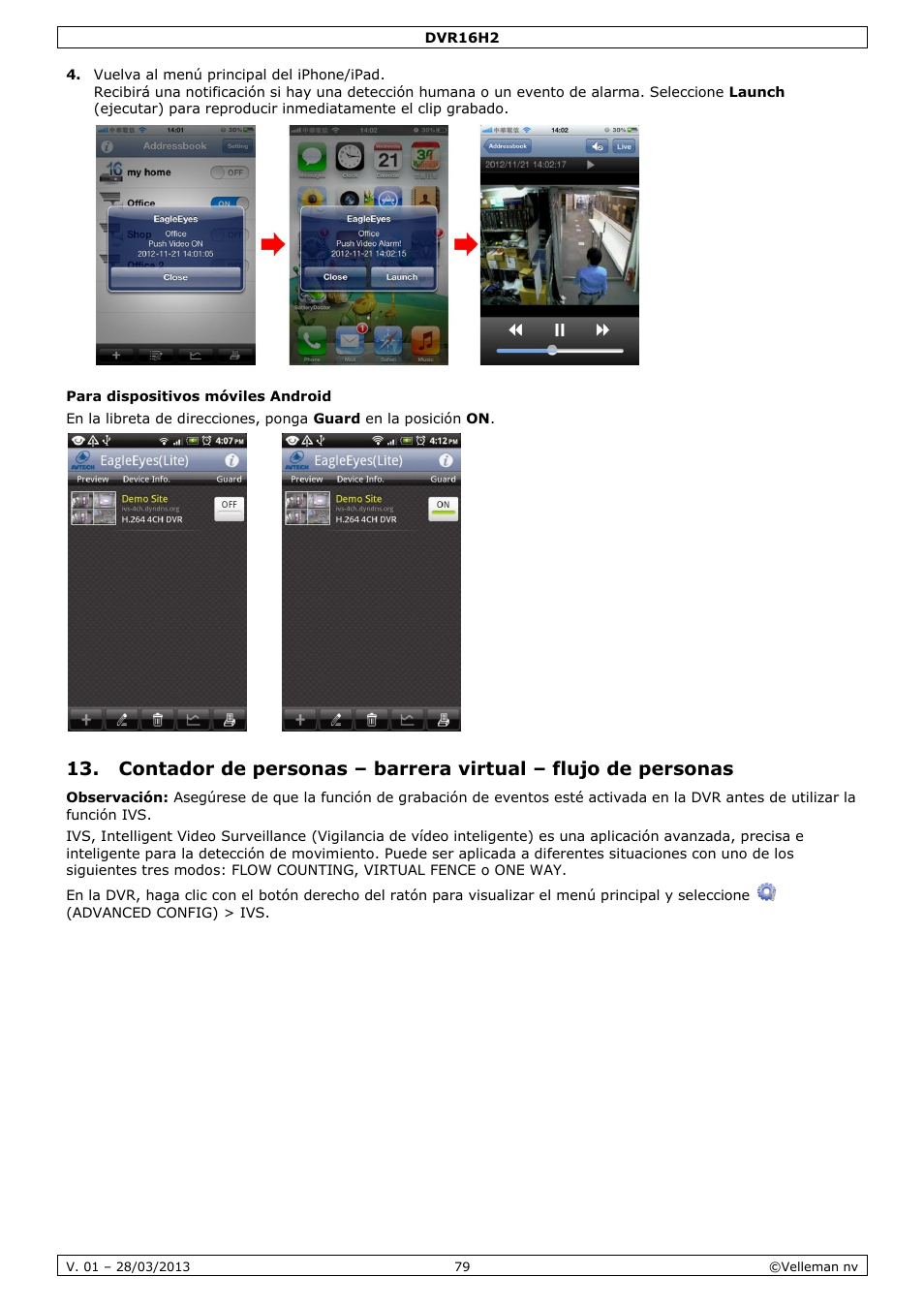 Para dispositivos móviles android | Velleman DVR16H2 User Manual | Page 79 / 128