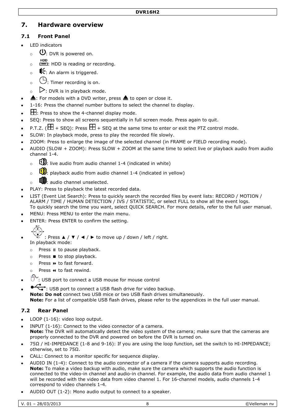 Hardware overview, 1 front panel, 2 rear panel | Velleman DVR16H2 User Manual | Page 8 / 128