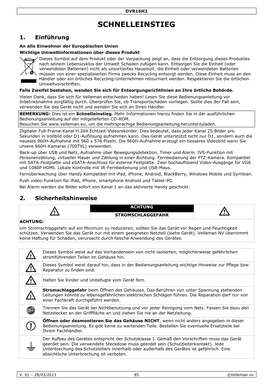 Schnelleinstieg, Einführung, Sicherheitshinweise | Velleman DVR16H2 User Manual | Page 85 / 128