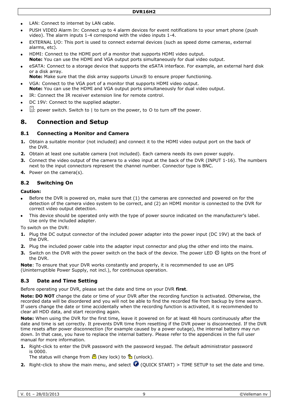 Connection and setup, 1 connecting a monitor and camera, 2 switching on | 3 date and time setting | Velleman DVR16H2 User Manual | Page 9 / 128