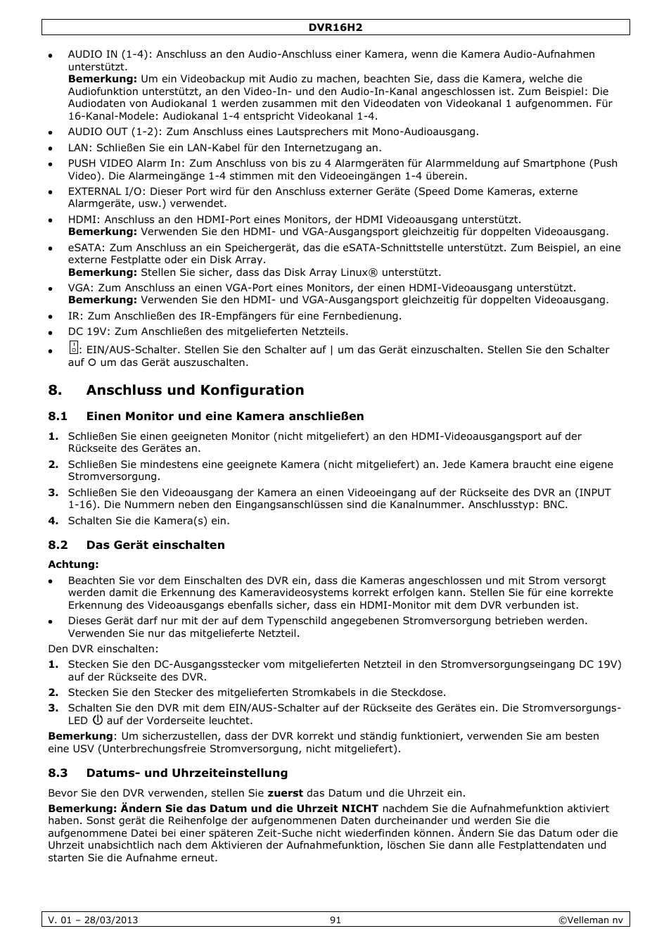 Anschluss und konfiguration, 1 einen monitor und eine kamera anschließen, 2 das gerät einschalten | 3 datums- und uhrzeiteinstellung | Velleman DVR16H2 User Manual | Page 91 / 128