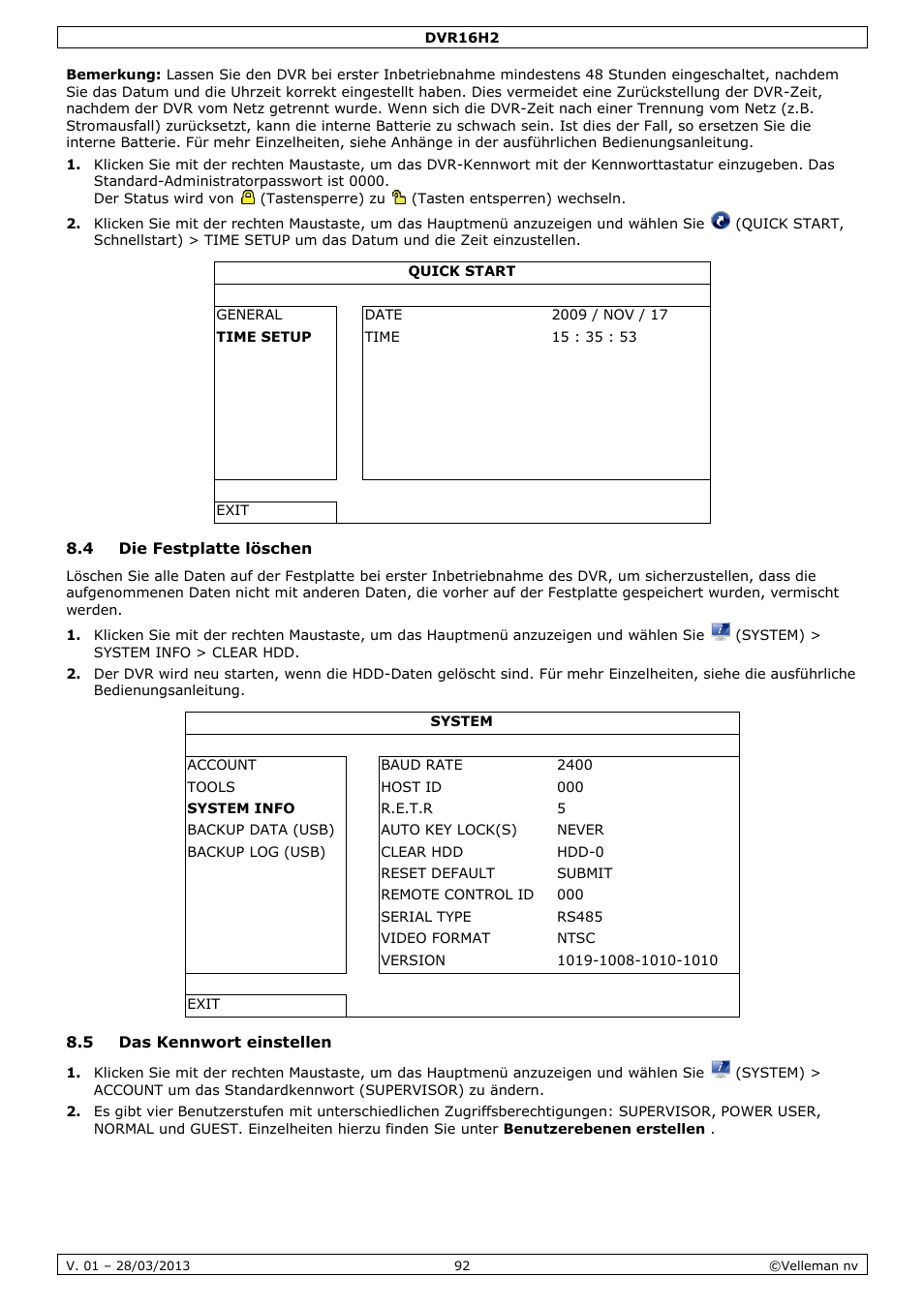 4 die festplatte löschen, 5 das kennwort einstellen | Velleman DVR16H2 User Manual | Page 92 / 128