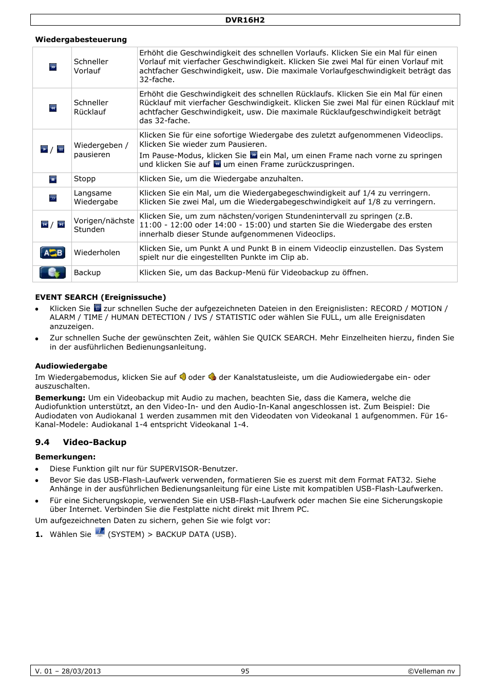 Wiedergabesteuerung, Event search (ereignissuche), Audiowiedergabe | 4 video-backup | Velleman DVR16H2 User Manual | Page 95 / 128